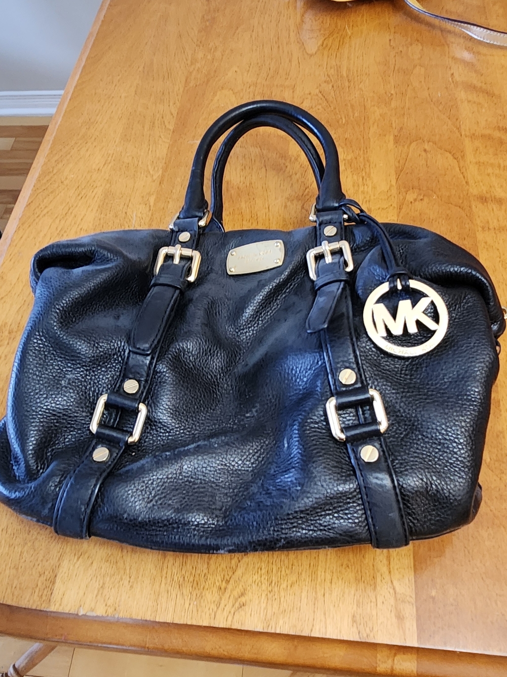 Michael Kors Black Pebbled Leather Satchel with Gold Hardware